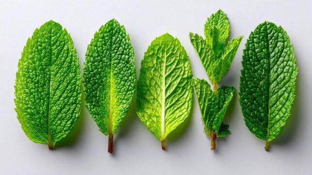 Fresh mint leaves aligned in a row on white background, culinary herbs concept