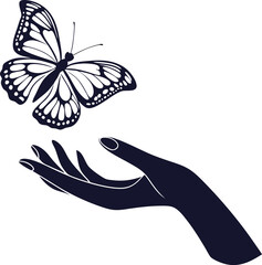 Elegant silhouette of a single hand holding a delicate butterfly in flight