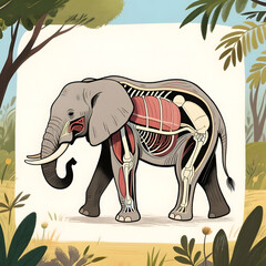 Anatomical illustration of an elephant showing internal structures outdoors  