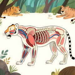 Anatomical illustration of a tiger with visible muscles and bones  