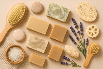 Natural Wellness Products with Soap Bars, Bath Brushes, Loofahs, Sea Salt and Lavender Flowers, Relaxing Spa and Self-Care Concept in Cozy Atmosphere