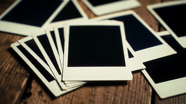 Several Blank Instant Photos Scattered on a Dark Wood Surface with Subtle Lighting and Grainy Texture