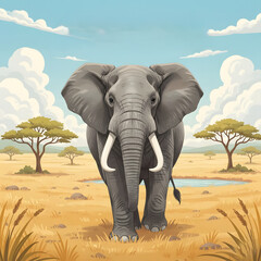 Elephant standing in savannah with trees and blue sky background  