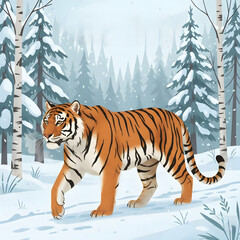 Tiger walking through snowy forest with evergreen trees  