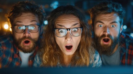 Group of surprised friends looking at computer screen with shocked expressions