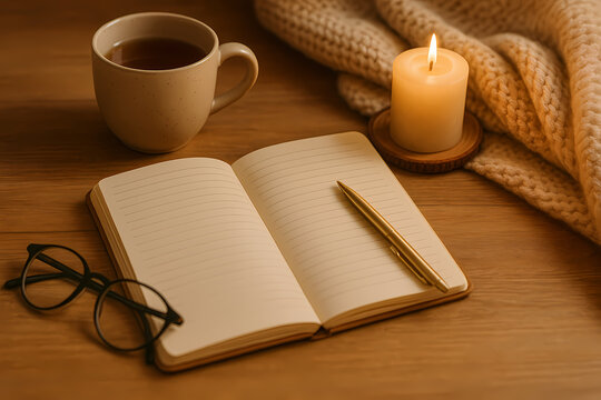 Journaling and Self-Care Scene with Open Diary, Pen, Cup of Tea, Glasses and Candlelight in Cozy Hygge Atmosphere for Wellness, Mindfulness and Relaxation Concepts - Powered by Adobe