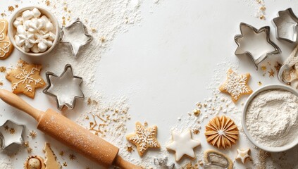 Christmas baking scene with cookies flour and rolling pin.