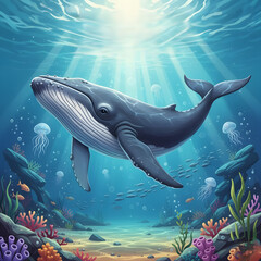 Whale swimming gracefully in vibrant underwater coral reef  