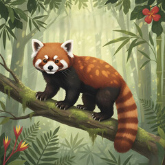 Red panda standing on branch surrounded by tropical foliage  