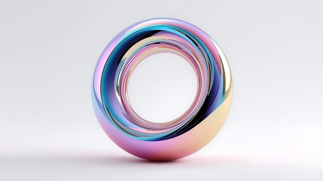 A 3D rendering of a metallic torus with iridescent, swirling colors, set against a plain white background.
