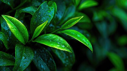 Close-up of green tea leaves with fresh water drops after rain