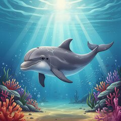 Cartoon dolphin swimming in coral reef with sunlight underwater  