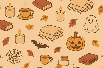 Seamless Wellness Pattern with Candles, Tea Cups, Books and Blankets, Cozy Hygge Illustration for Seasonal Backgrounds, Stickers and Relaxation Creative Projects