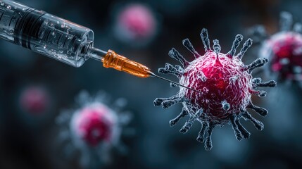 Syringe injecting virus cell in 3D medical illustration, vaccine and healthcare concept
