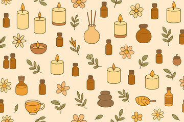 Seamless Wellness Pattern with Candles, Aromatherapy Diffusers, Essential Oils and Flowers, Relaxing Illustration for Spa, Self-Care and Mindfulness Projects