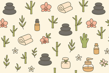 Seamless Pattern with Massage Stones, Bamboo, Orchid Flowers and Towels, Minimalistic Illustration for Spa, Yoga and Relaxation Creative Projects