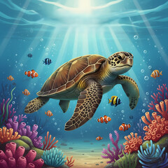 Marine turtle swimming among colorful coral reefs and fish  