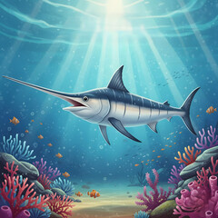 Swordfish swimming in coral reef with sunlight underwater  
