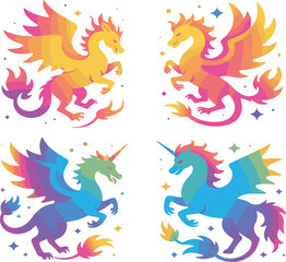 Obraz premium Four Rainbow-Colored Mythical Creatures: Dragons and Unicorns