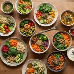 Overhead shot of colorful vegan bowls, soups, and salads on a wooden surface.