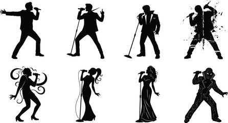Singer silhouette, microphone pose, male and female, black figure, music performance, stage presence, artistic style, vector art, entertainment concept