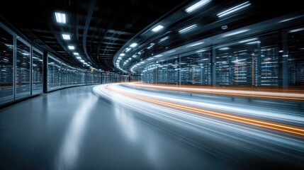 High speed data transfer in futuristic server corridor with glowing light trails