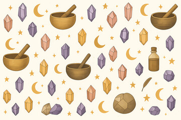 Seamless Pattern with Tibetan Singing Bowls, Crystals, Moons and Stars, Mystical Illustration for Meditation, Sound Therapy and Spiritual Wellness Projects