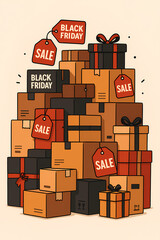 Black Friday Packages and Boxes with SALE Tags, Modern Illustration for Seasonal Marketing, Online Shopping, E-Commerce and Holiday Creative Projects