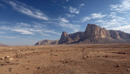 Fototapeta premium Vast desert landscape with towering rock formations under a cloudy blue sky.