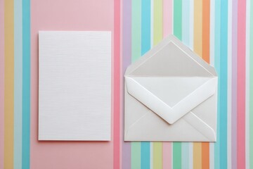 Blank White Card and Open Envelope on Pastel Striped Background.