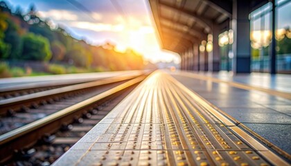 Train Station Platform and Tracks at Sunrise