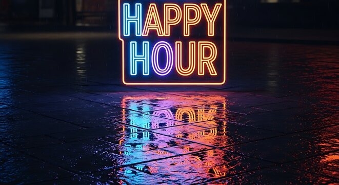 Vibrant Happy Hour Neon Sign with Colorful Water Reflection.