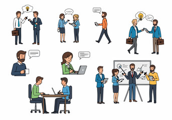 A set of diverse business people characters in various poses and actions, including working, presenting, and collaborating in an office