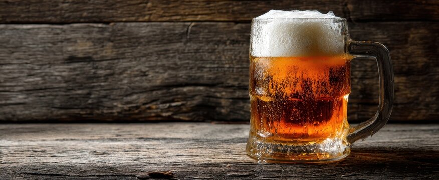 The beer mug filled with frothy amber lager on a rustic wooden table