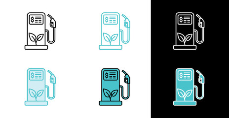 Biofuel pump with plant icon for green alternative fuel in line and fill style