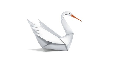 A delicate white origami swan with an orange beak sits gracefully on a white background, showcasing intricate paper folding artistry.
