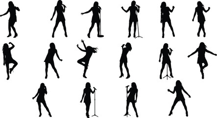 Silhouette collection of female singers performing with microphone, music concert vector illustration showing dance, stage performance, entertainment, vocal talent, festival, live show