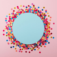 Colorful Confetti Circle Frame on Pink Background