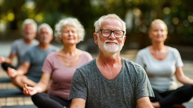 Senior group meditating outdoors with elderly man in focus enjoying mindfulness practice