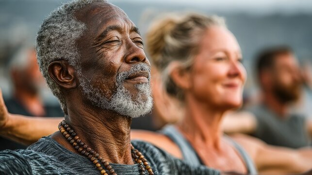 Peaceful senior man meditating outdoors with eyes closed