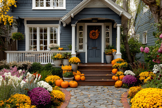 Autumn-themed home entrance. Porch decorated with fall pumpkins, wreath, and colorful flowers. Dark blue house with white trim
