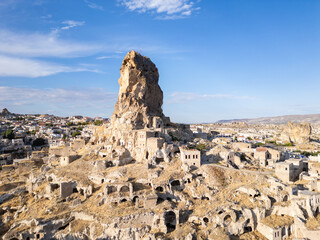 Ortahisar, Turkiye: Close up aerial view of the famous Ortahisar castle that overlooks the old town in the Cappadocia region of Anatolia in Turkey
