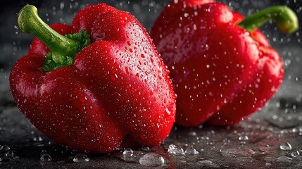 Two red bell peppers with water drops and splash, fresh organic vegetables close-up