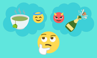 Vector illustration of thinking emoji face imagining angel choice of hot tea cup and devil choice of champagne bottle popping cork. Concept of lifestyle decisions, health versus alcohol.