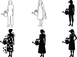 Gardening woman illustration, watering plant, silhouette style, diverse outfits, black and white, abstract pattern, eco-friendly, nature care, vector art