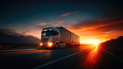 Cargo truck driving on highway at sunset with dramatic sky