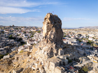 Ortahisar, Turkiye: Close up aerial view of the famous Ortahisar castle that overlooks the old town in the Cappadocia region of Anatolia in Turkey