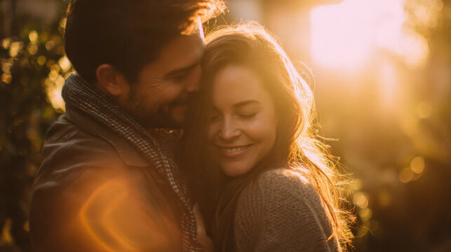 Golden hour couple embracing in nature surrounded by soft, warm light and blurred background conveying love, warmth, and connection in an intimate moment outdoors - Powered by Adobe