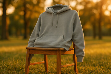 Casual Hoodie Mockup on Wooden Chair with Ground Rise Angle – Park Background
