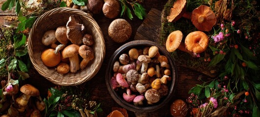 The Mushrooms Rustic Harvest in Baskets on Forest Floor with Autumn Foliage